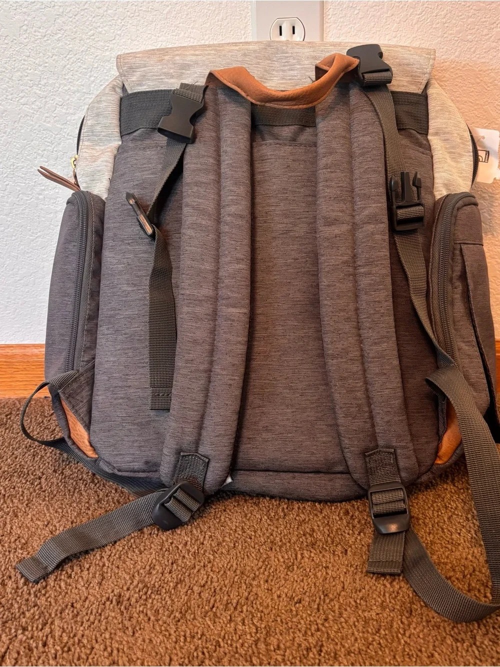 Eddie Bauer Cascade Backpack Diaperbag in gray and white with tan trim